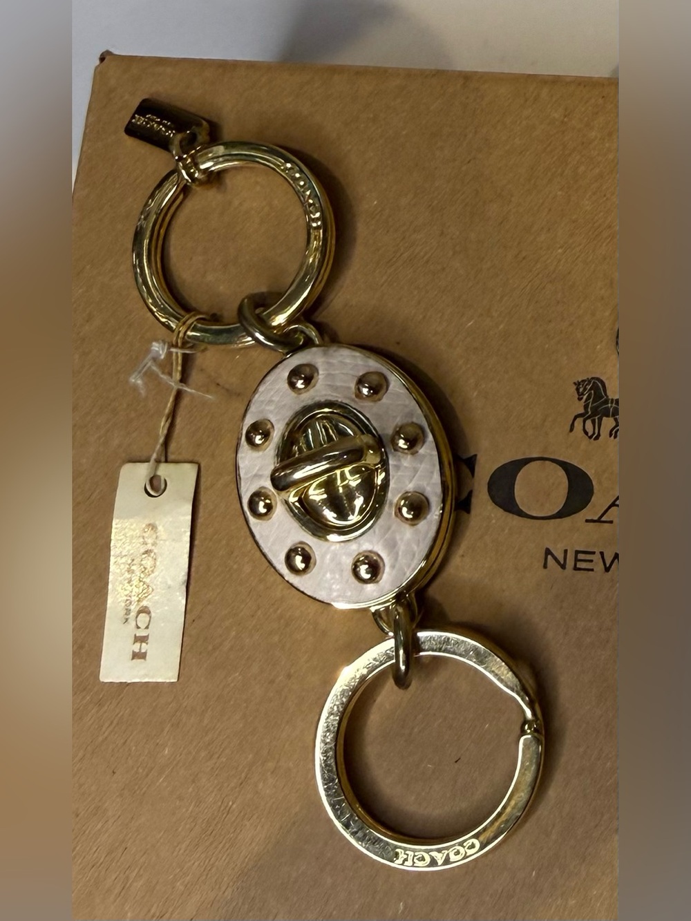 Coach Val-et Keyring Bag Charm with White Leather Turn lock and Stud Accent Vntg